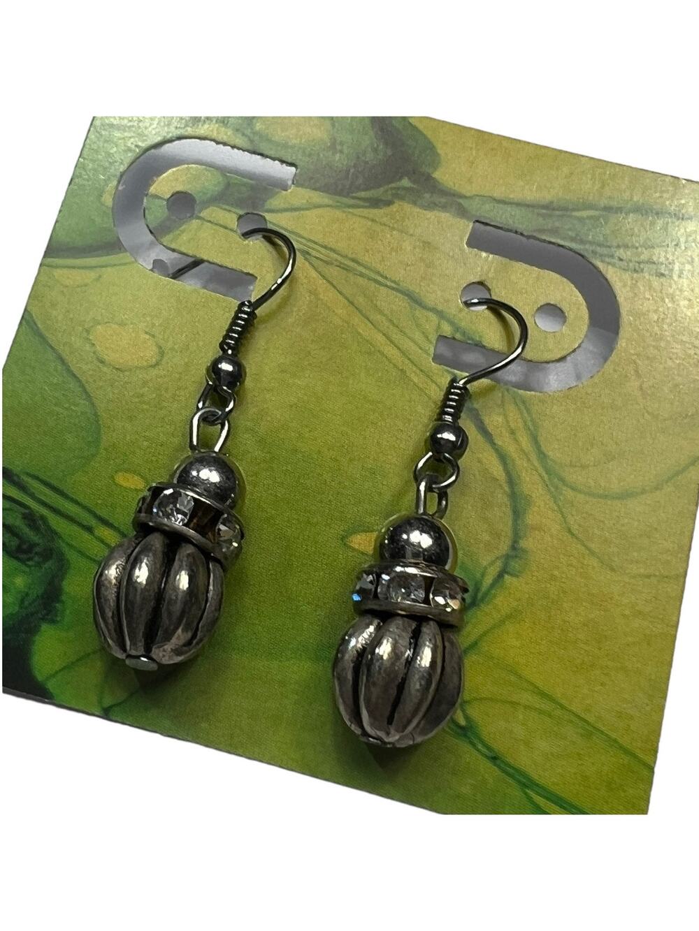 Gunmetal Gray Ribbed Bead Drop Earrings Dark Silver Gothic Industrial Style